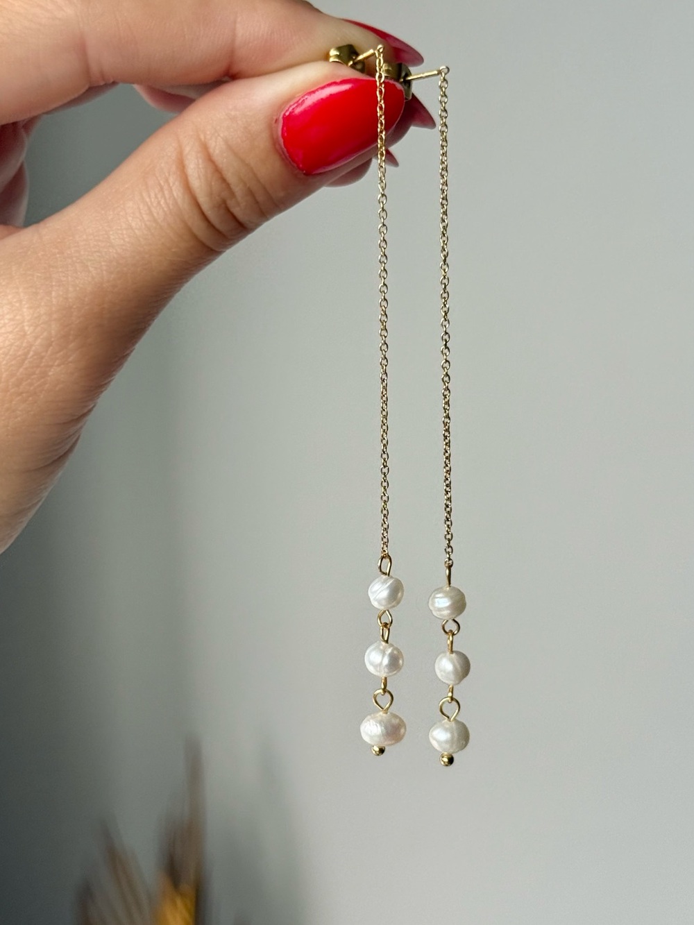 Long Pearl Drop Dangle Earrings Threaders | 18K Gold | Hypoallergenic